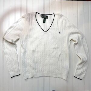 Vintage Y2K Lauren Ralph Lauren LRL White Cable Knit V Neck Sweater Large